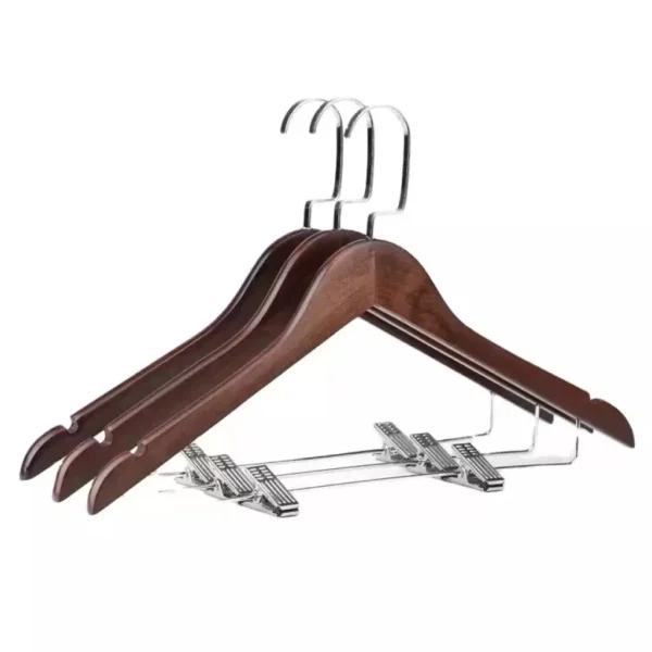Luxury Hotel Wooden Coat Hanger – Chrome hook, non-slip bar, walnut color